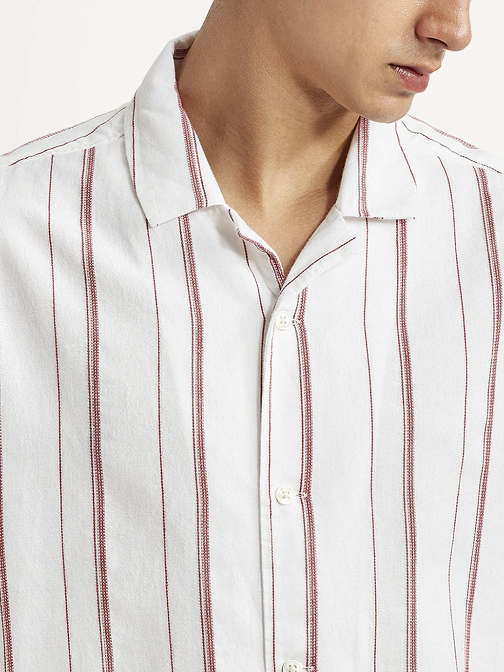 Men's Striped White Relaxed Fit Camp Shirt - Detail View
