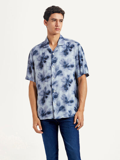 Men's Floral Light Blue Relaxed Fit Camp Shirt-image-2