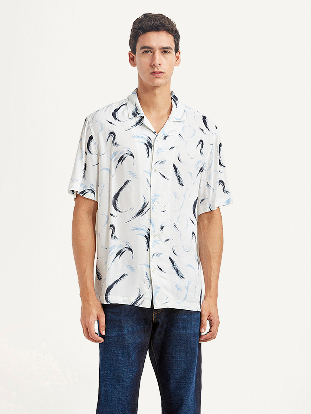 Men's Abstract Print White Relaxed Fit Camp Shirt - Front View