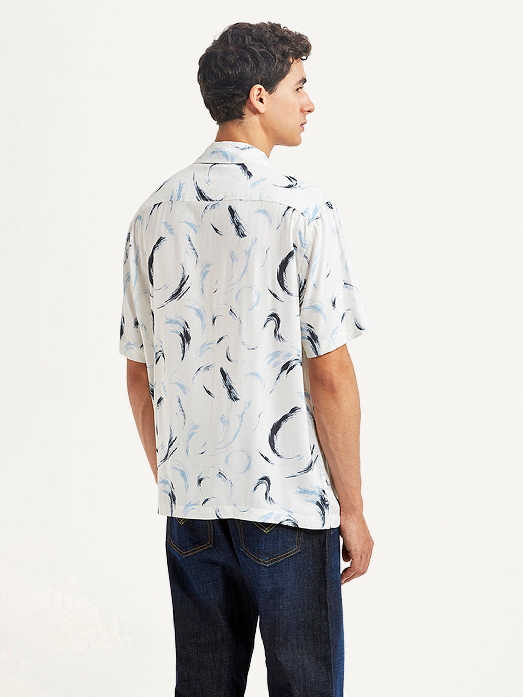Men's Abstract Print White Relaxed Fit Camp Shirt - Back View