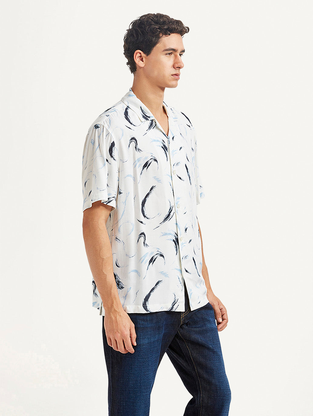 Men's Abstract Print White Relaxed Fit Camp Shirt - Side View
