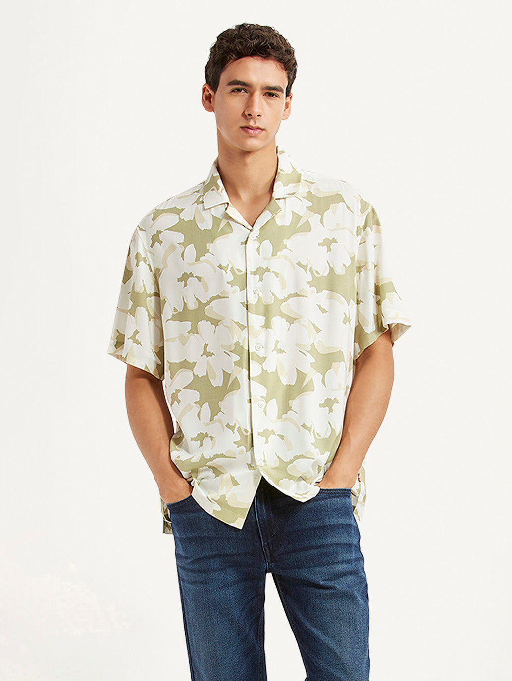 Men's Floral Olive Relaxed Fit Camp Shirt - Styleshot View