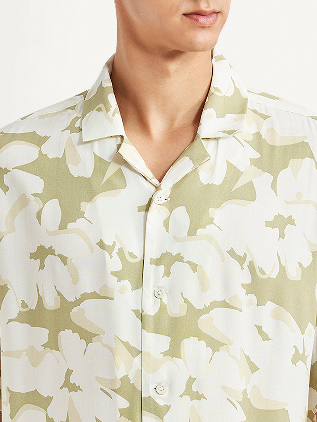 Men's Floral Olive Relaxed Fit Camp Shirt - Detail View