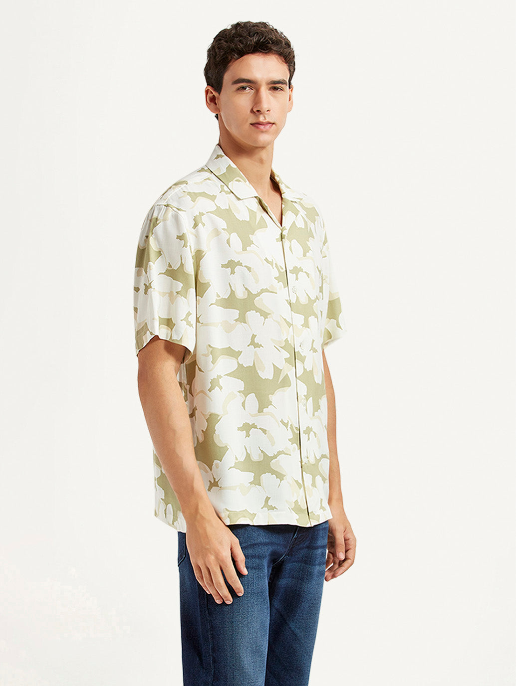 Men's Floral Olive Relaxed Fit Camp Shirt - Side View