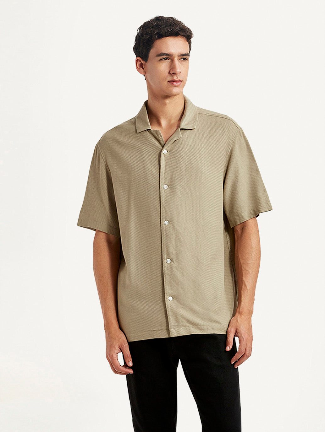 Men's Solid Beige Relaxed Fit Camp Shirt - Front View