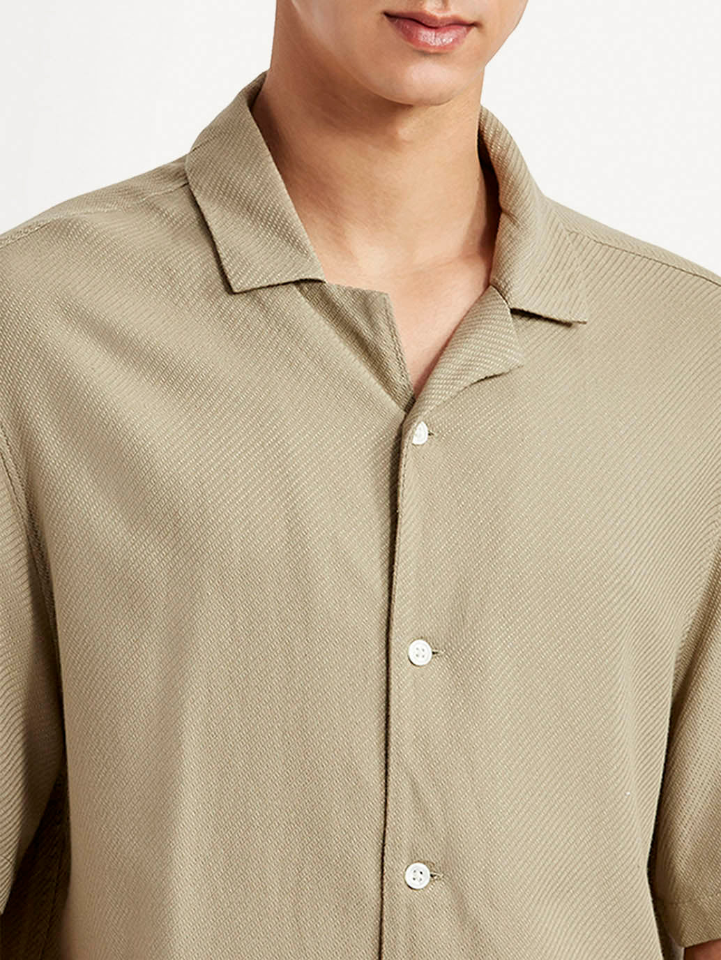 Men's Solid Beige Relaxed Fit Camp Shirt - Detail View