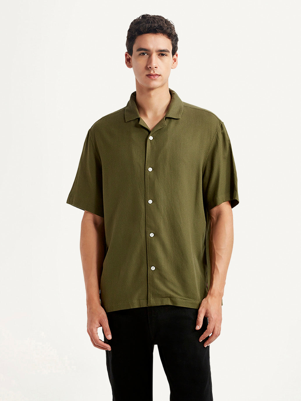 Men's Solid Olive Relaxed Fit Camp Shirt - Front View