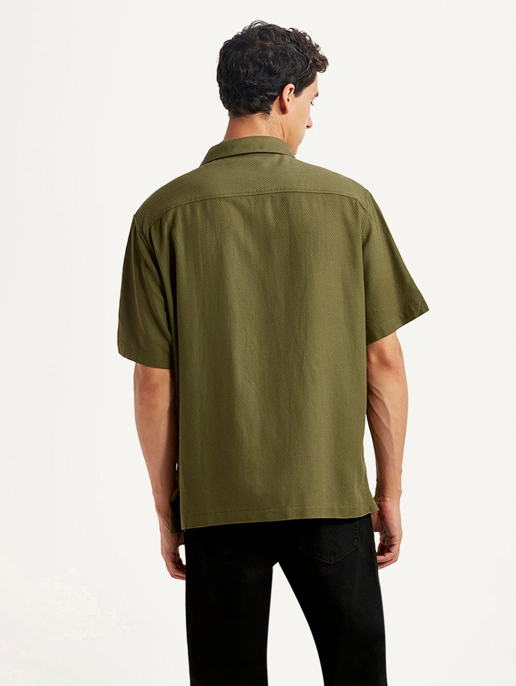 Men's Solid Olive Relaxed Fit Camp Shirt - Back View