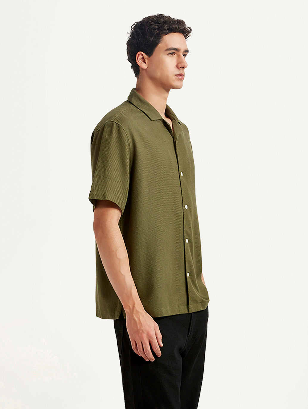 Men's Solid Olive Relaxed Fit Camp Shirt - Side View