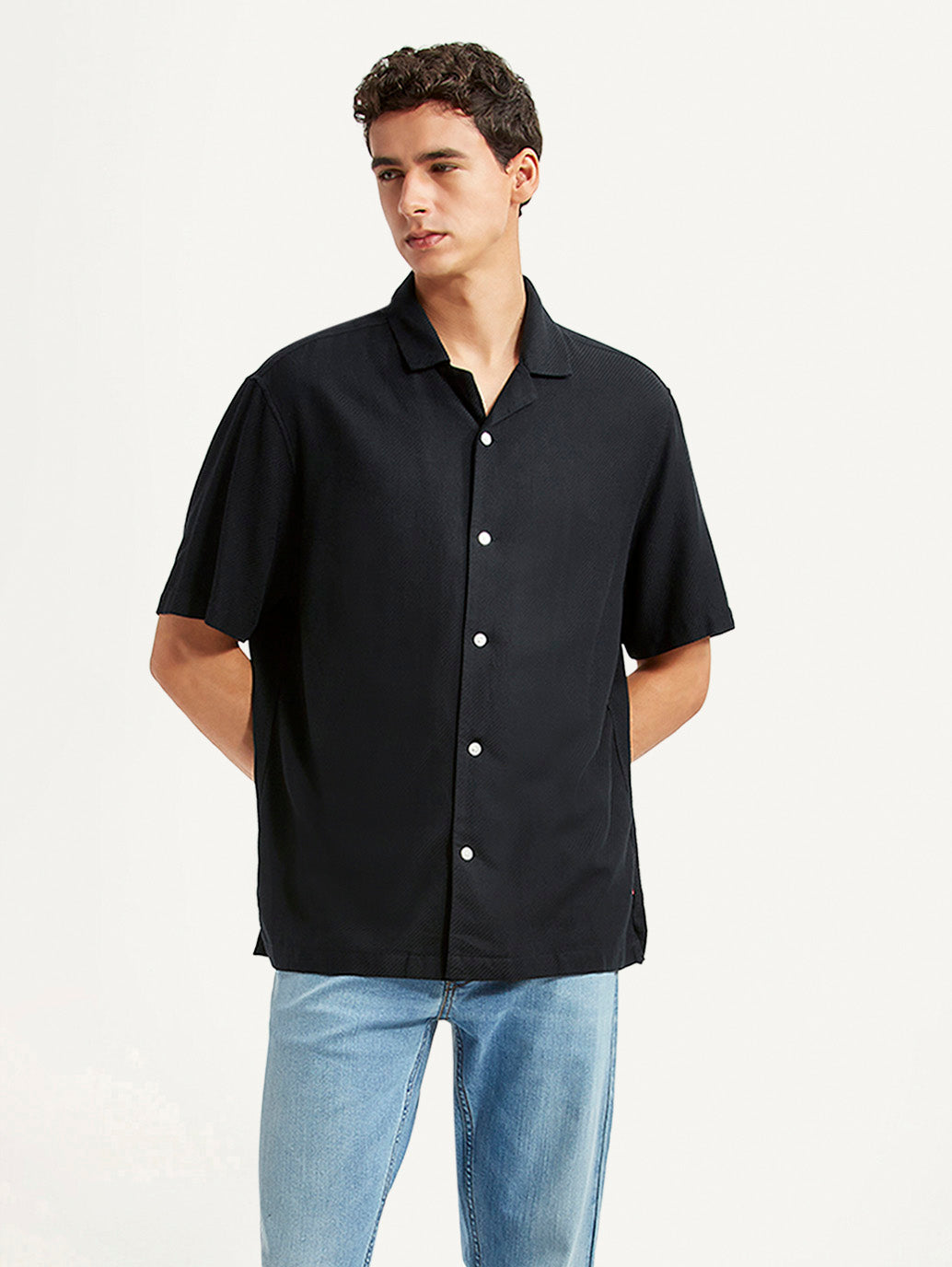 Men's Solid Black Relaxed Fit Camp Shirt - Styleshot View