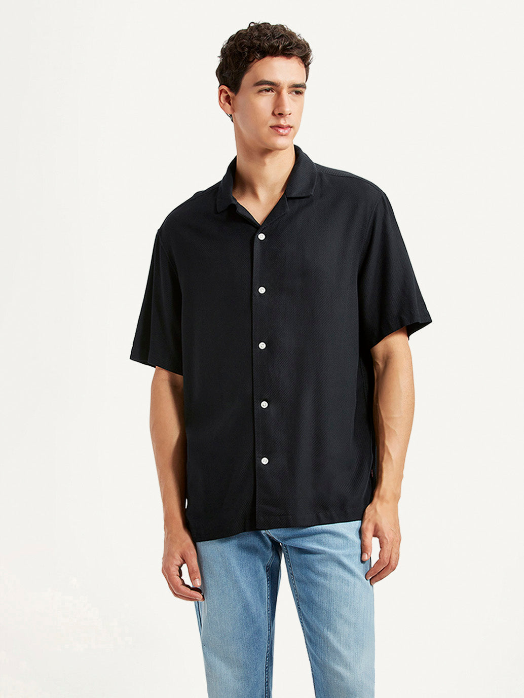 Men's Solid Black Relaxed Fit Camp Shirt