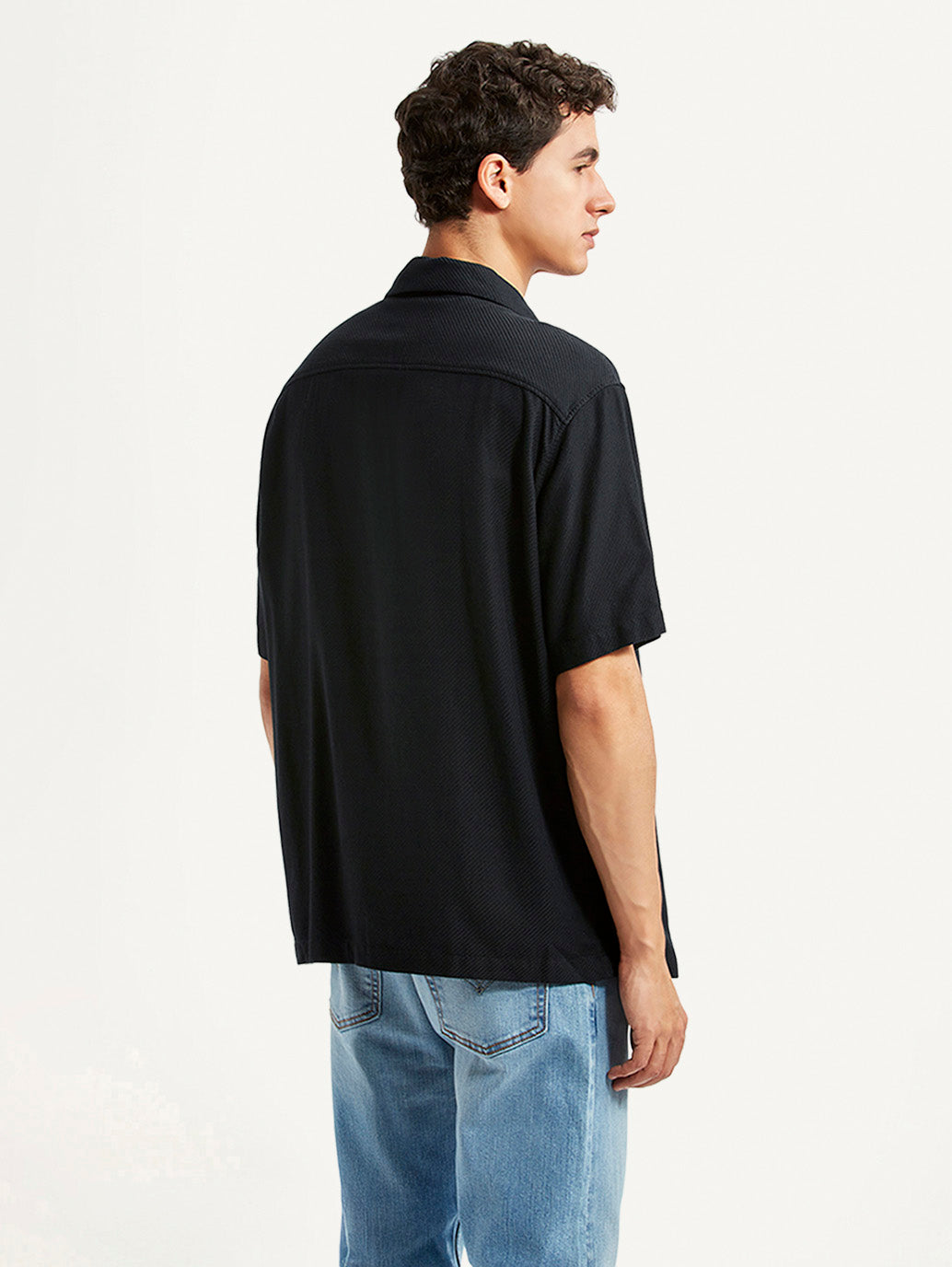 Men's Solid Black Relaxed Fit Camp Shirt - Back View