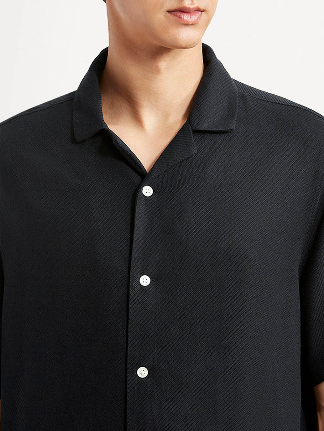 Men's Solid Black Relaxed Fit Camp Shirt - Detail View