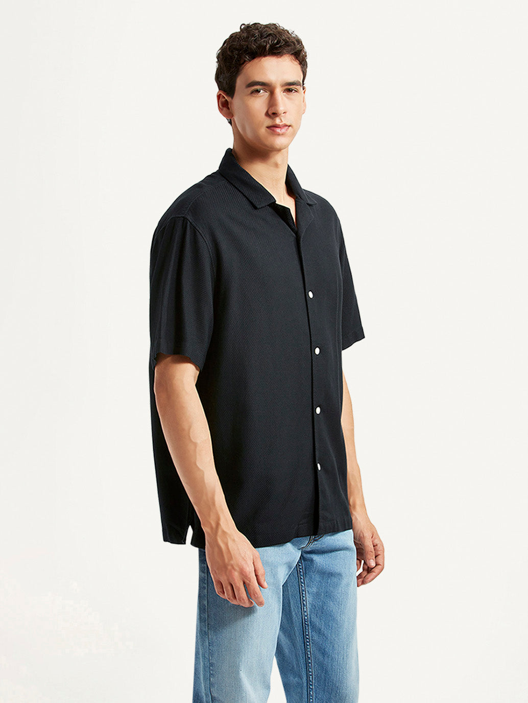 Men's Solid Black Relaxed Fit Camp Shirt - Side View
