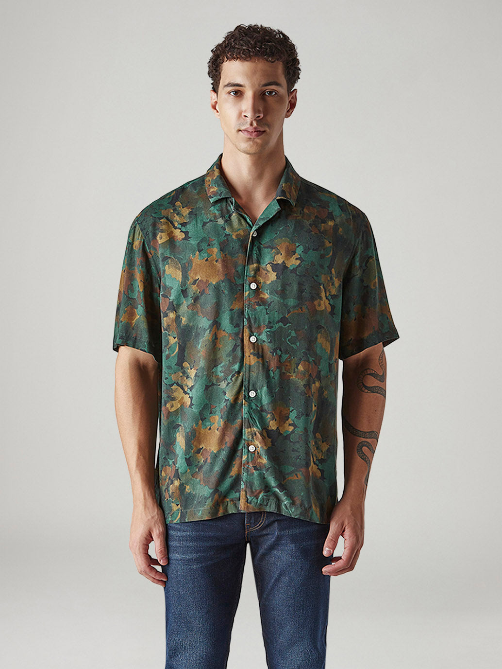 Men's Printed Relaxed Fit Resort Collar Shirt - Front View