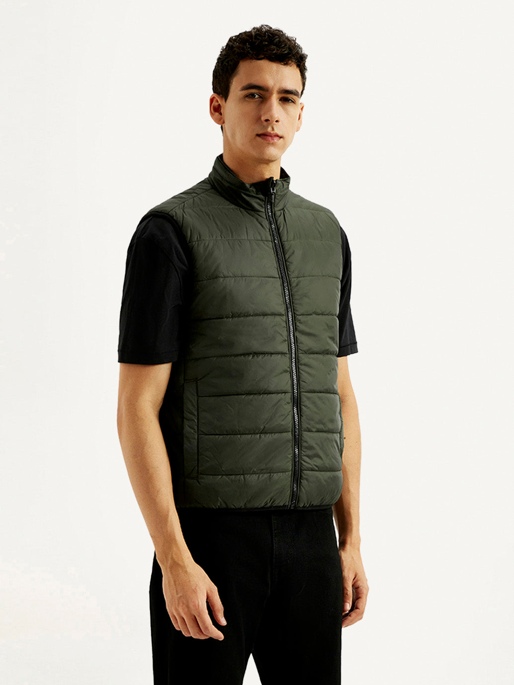 Men's Solid Green puffer Jacket - Side View