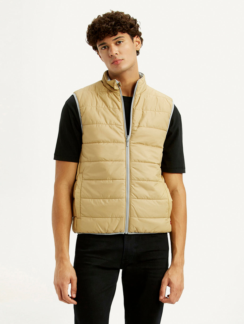 Men's Solid Beige Puffer Jacket - Styleshot View