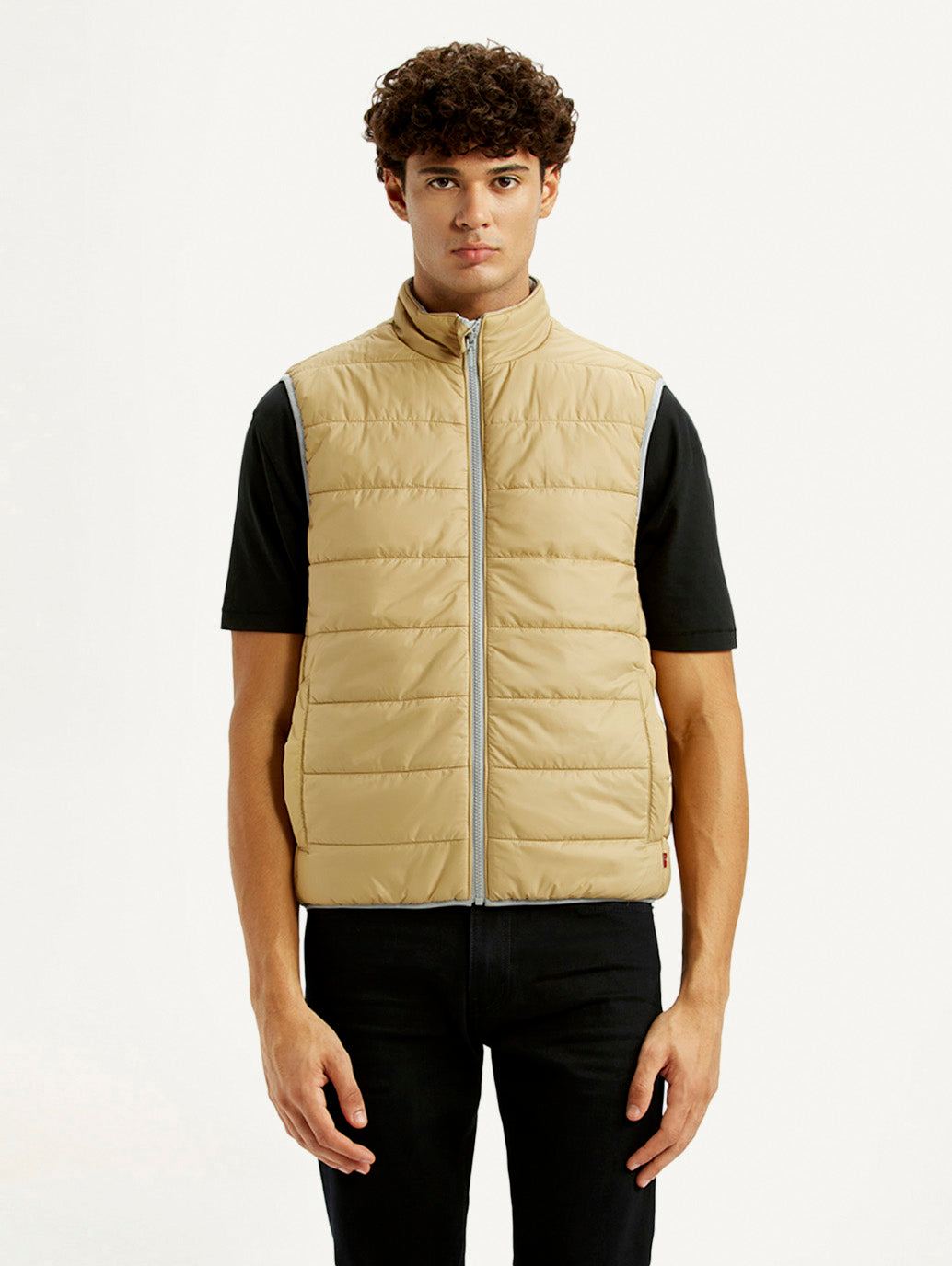 Men's Solid Beige Puffer Jacket - Front View