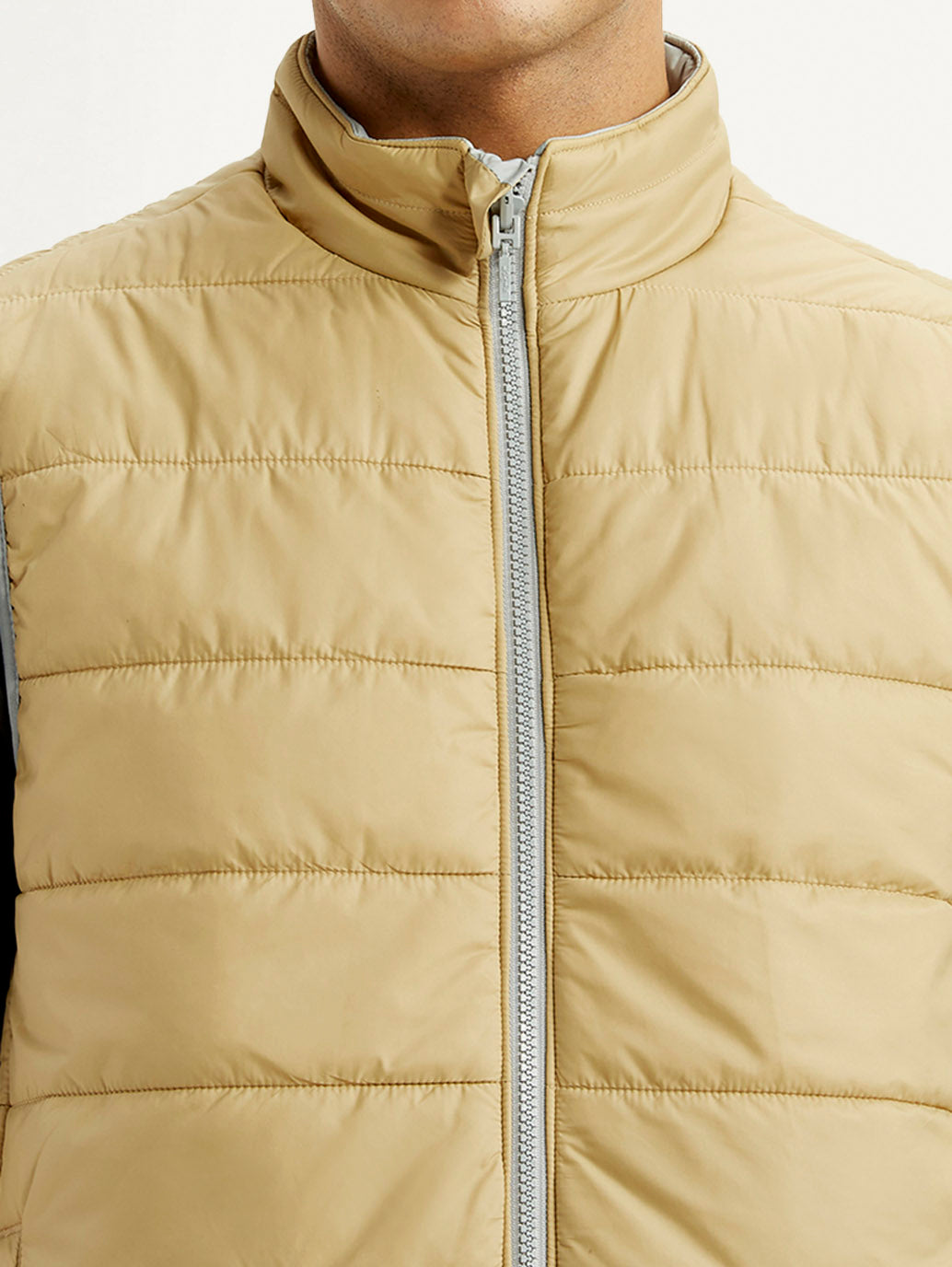 Men's Solid Beige Puffer Jacket - Detail View