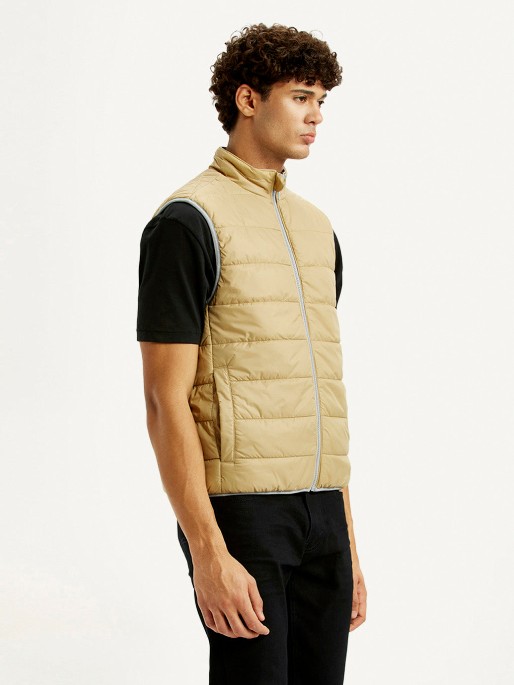 Men's Solid Beige Puffer Jacket - Side View