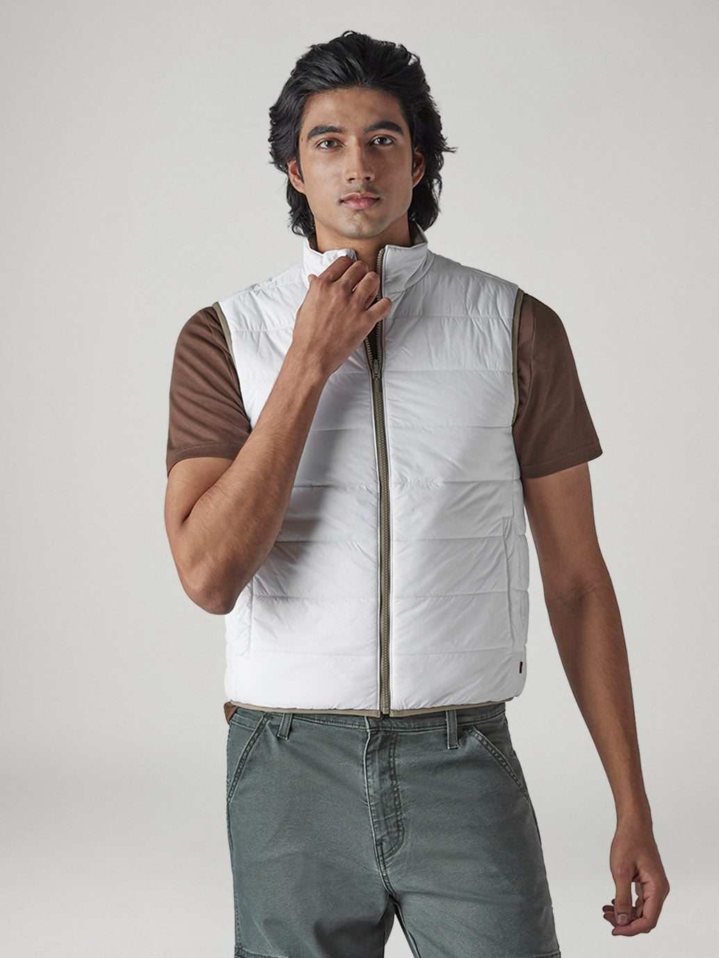 Men's Solid Slim Fit Reversible Puffer Jacket - Front View