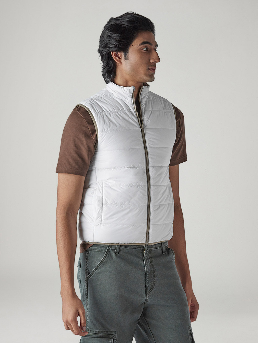 Men's Solid Slim Fit Reversible Puffer Jacket - Side View