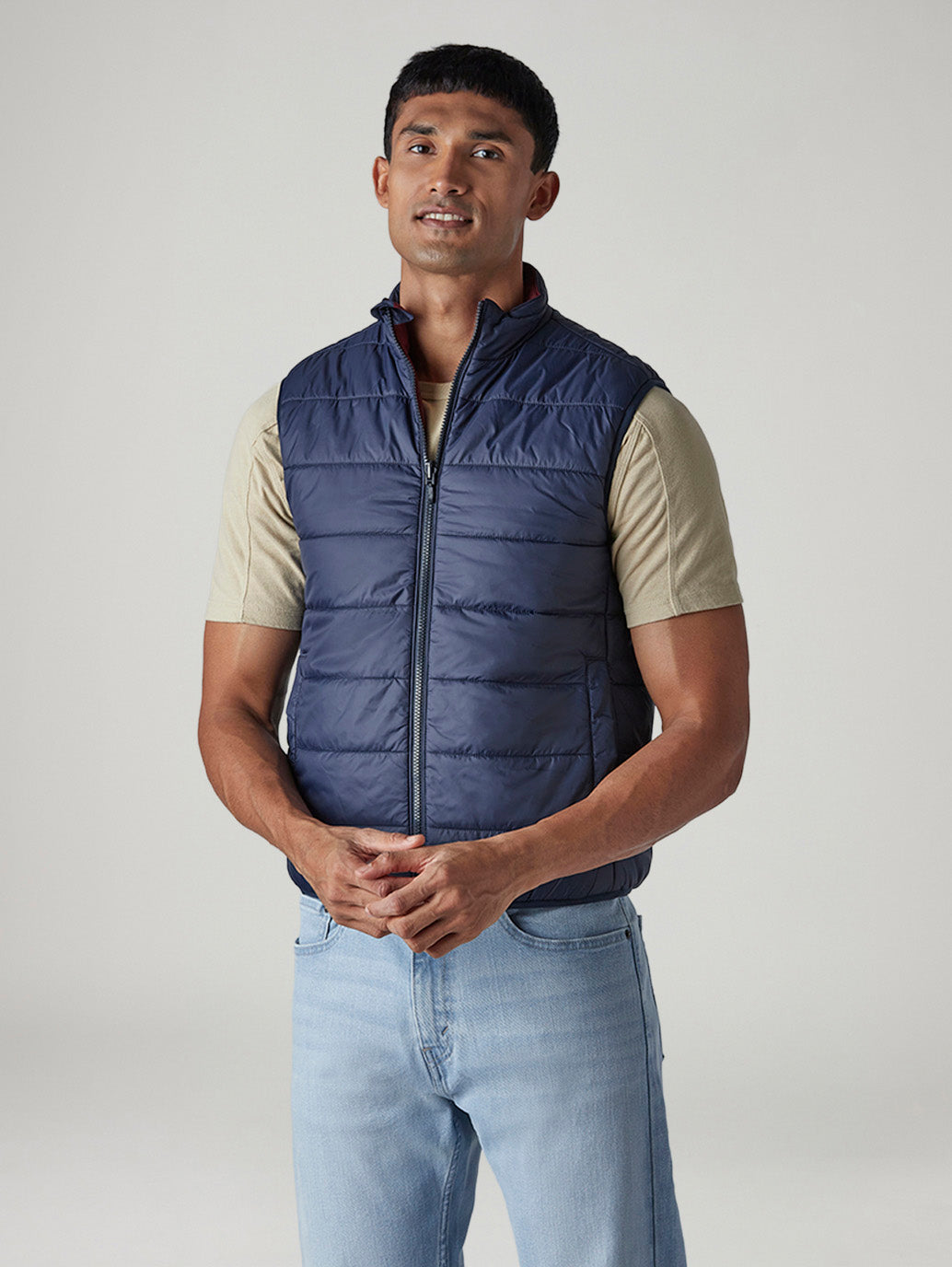 Men's Quilted Slim Fit Reversible Puffer Jacket - Front View