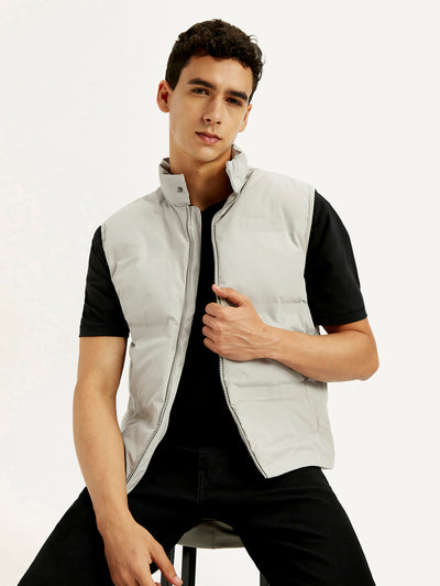 Men's Solid Grey Puffer Jacket-image-5