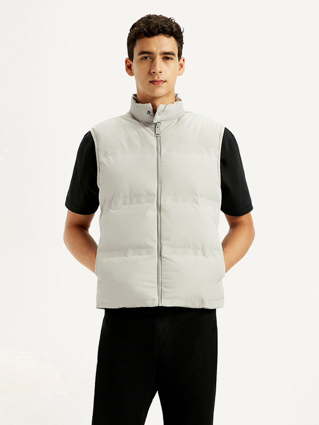 Men's Solid Grey Puffer Jacket - Front View
