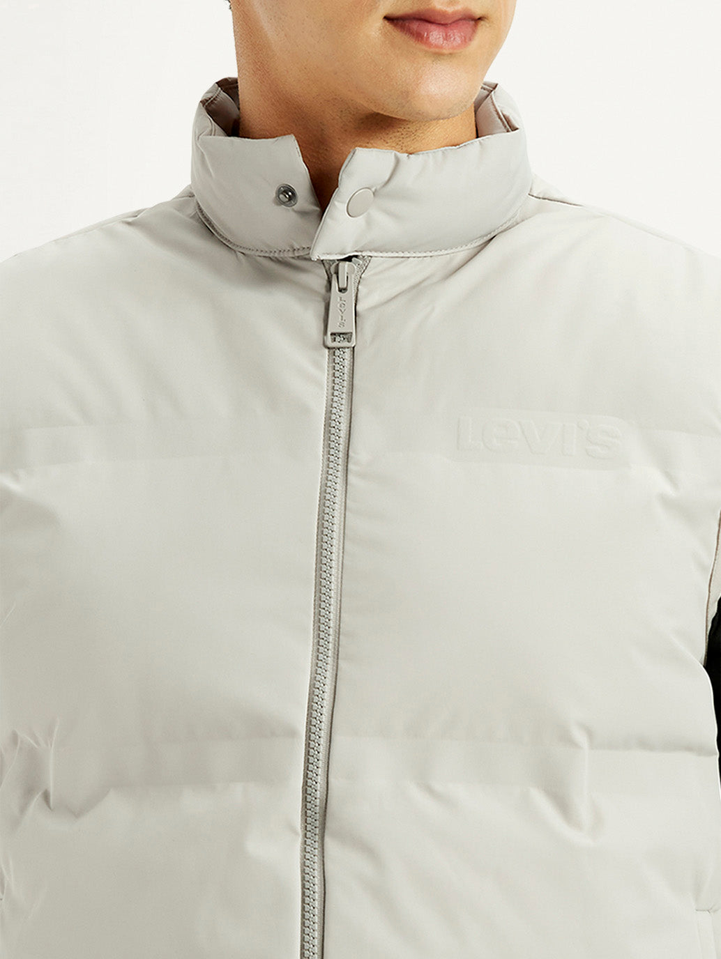 Men's Solid Grey Puffer Jacket - Detail View