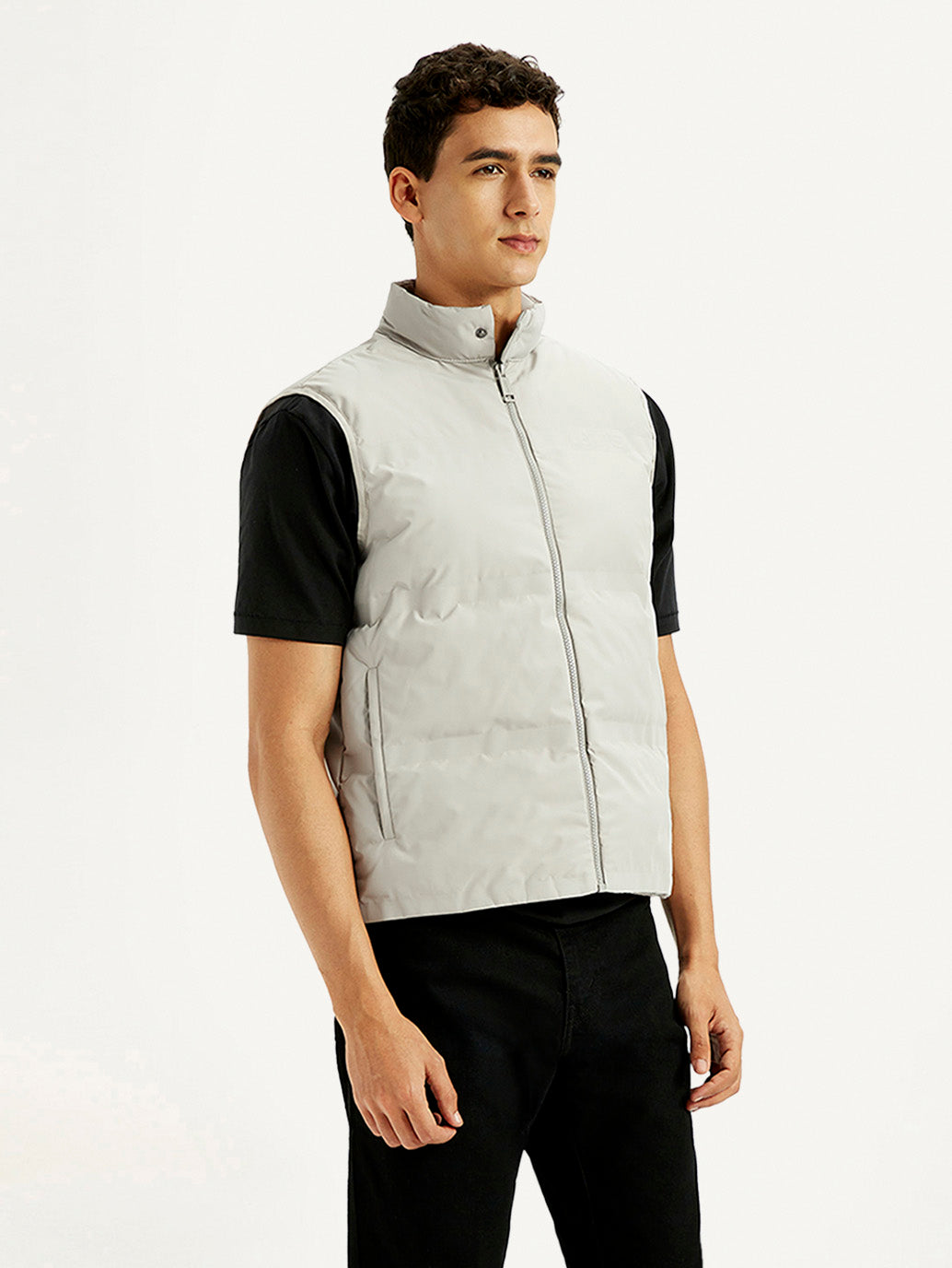 Men's Solid Grey Puffer Jacket - Side View