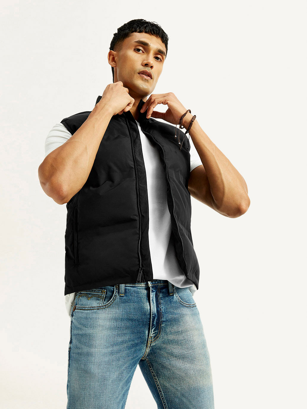 Men's Solid Black Puffer Jacket - Elevated View