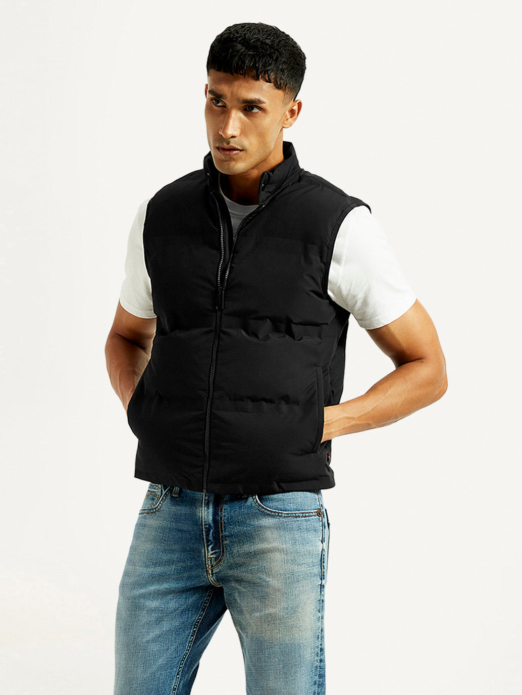 Men's Solid Black Puffer Jacket - Styleshot View