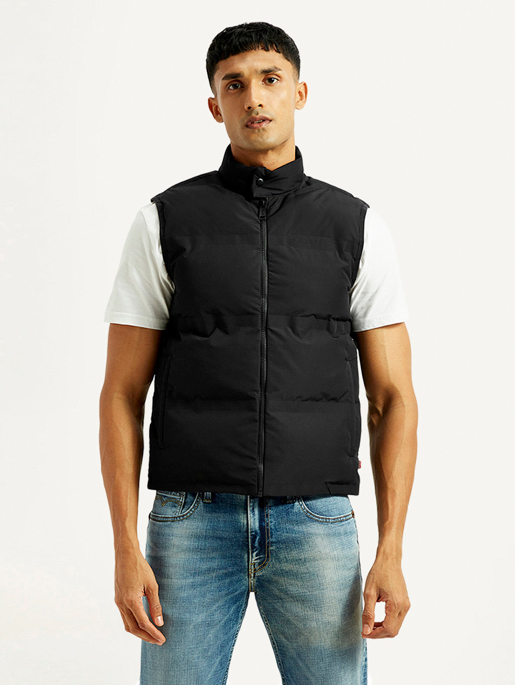 Men's Solid Black Puffer Jacket - Front View