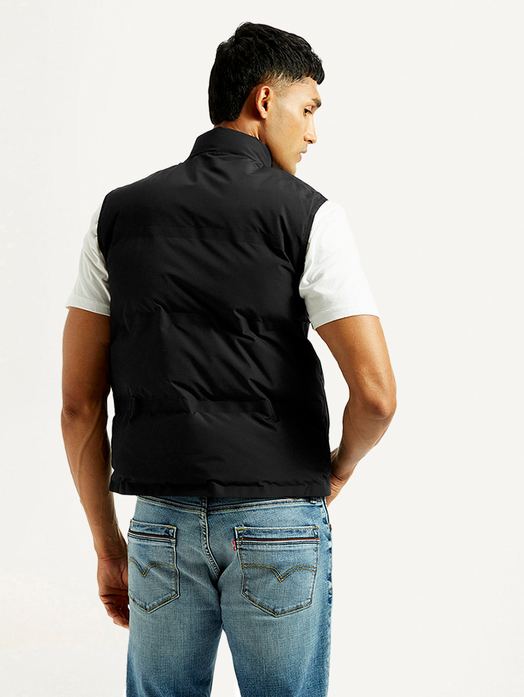 Men's Solid Black Puffer Jacket - Back View