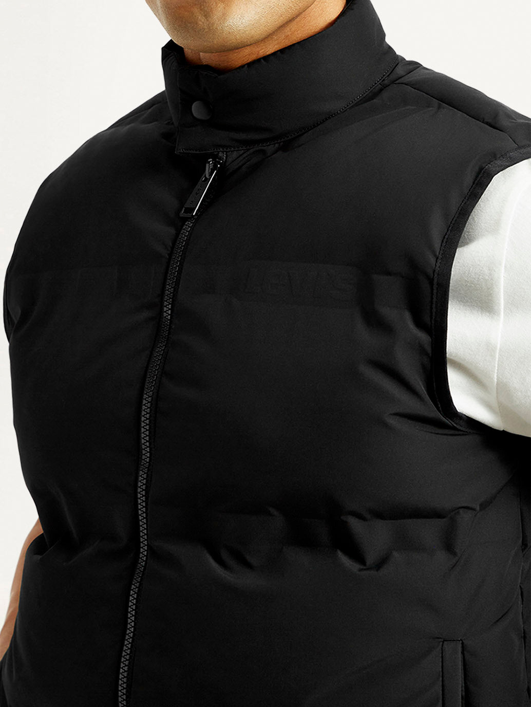 Men's Solid Black Puffer Jacket - Detail View