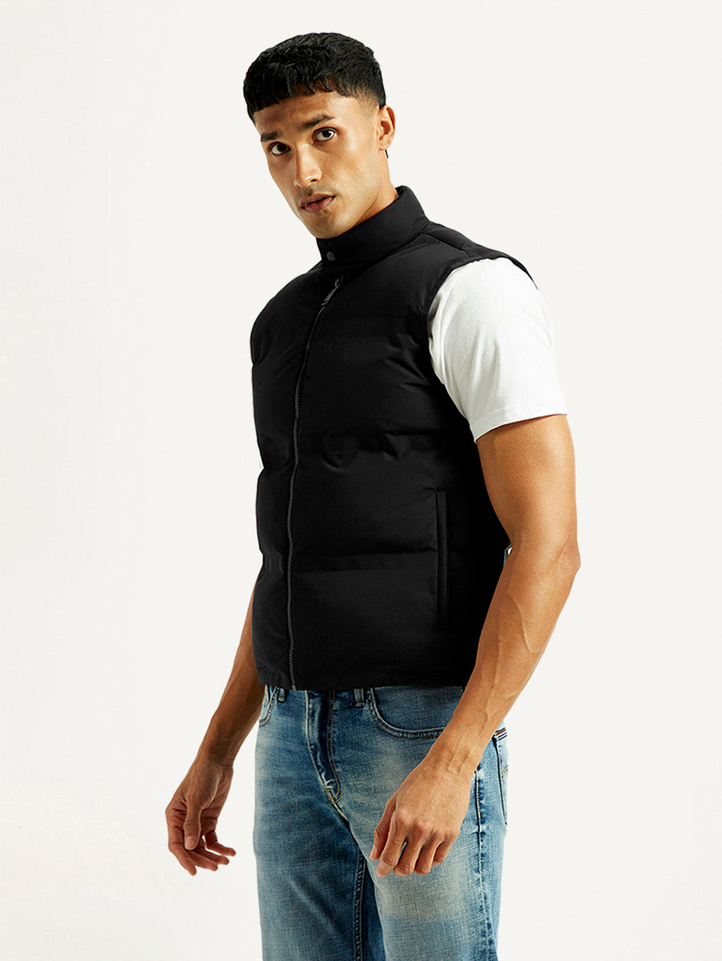 Men's Solid Black Puffer Jacket - Side View