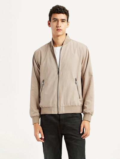 Men's Solid Beige Bomber Jacket