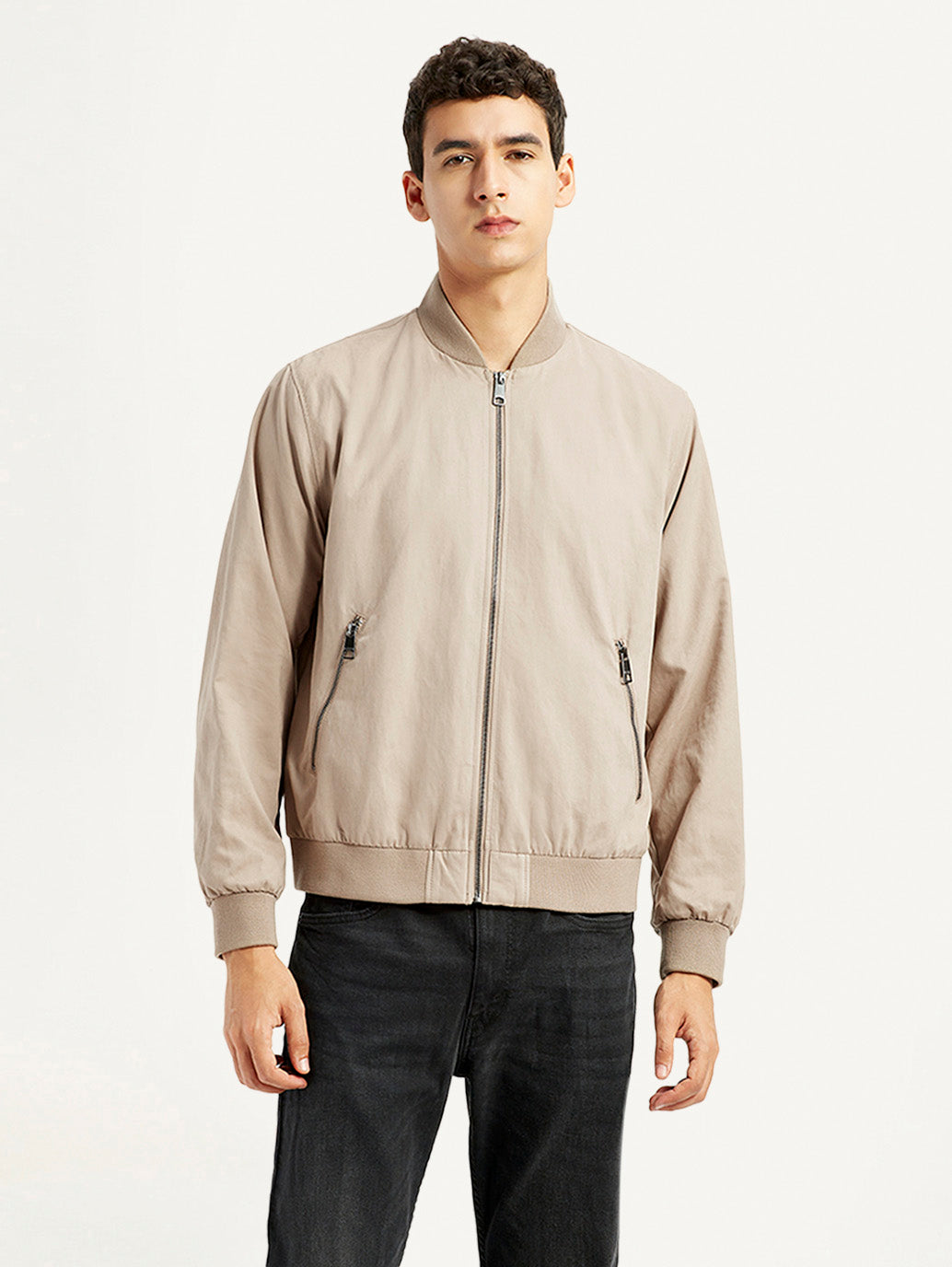 Men's Solid Beige Bomber Jacket - Front View