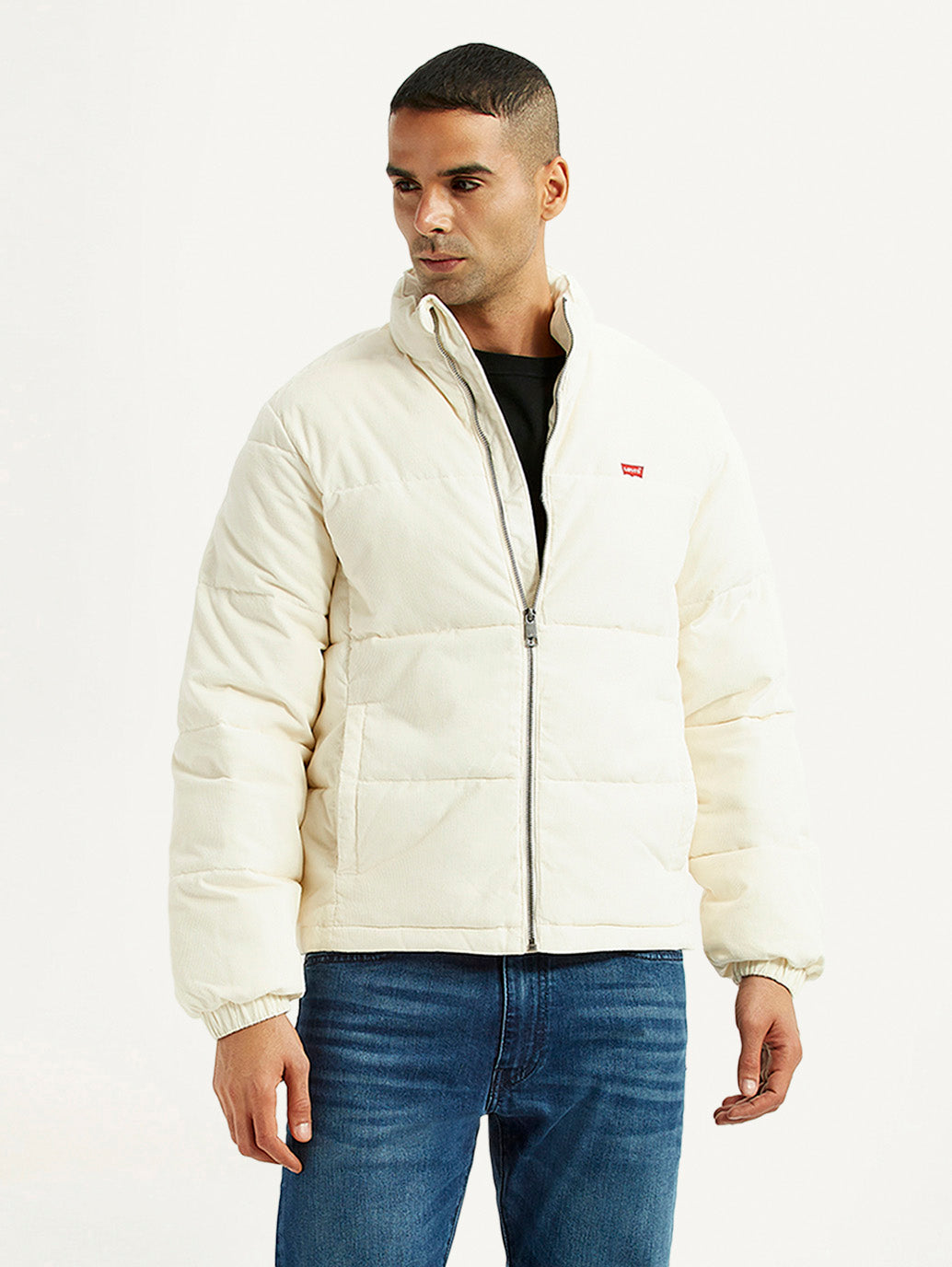 Men's Solid Cream Puffer Jacket