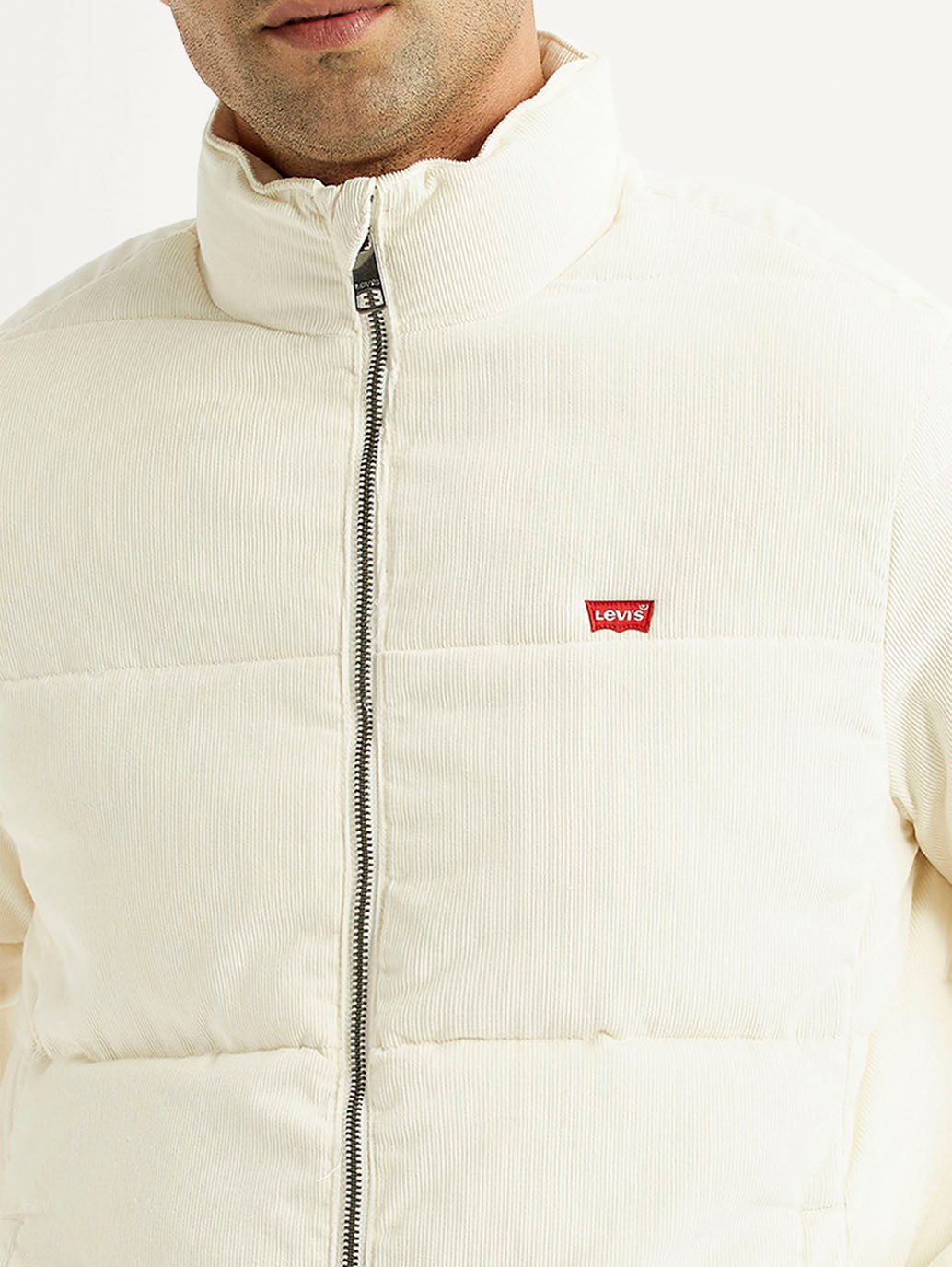 Men's Solid Cream Puffer Jacket - Detail View