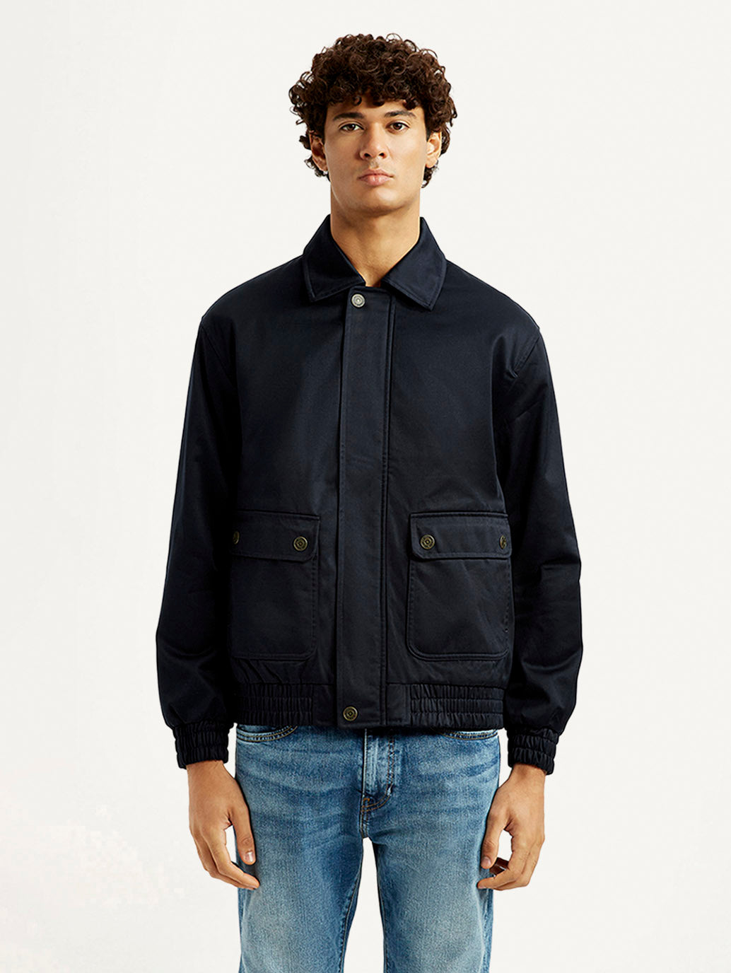 Men's Navy Solid Slim Fit Jacket - Front View