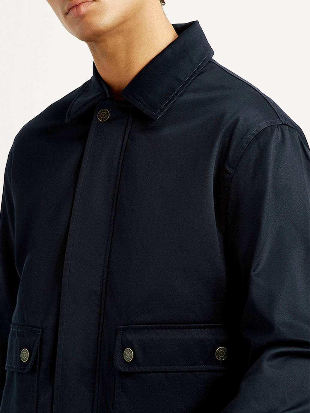 Men's Navy Solid Slim Fit Jacket - Detail View