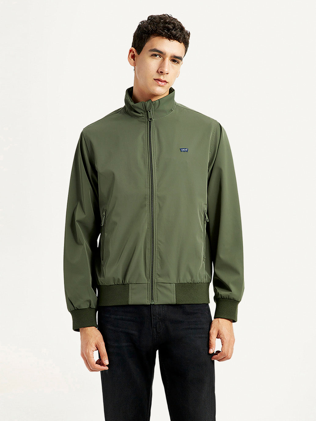 Men's Solid Slim Fit Bomber Jacket - Front View