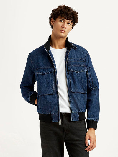 Men's Colorblock Dark Blue Denim Jacket-image-3