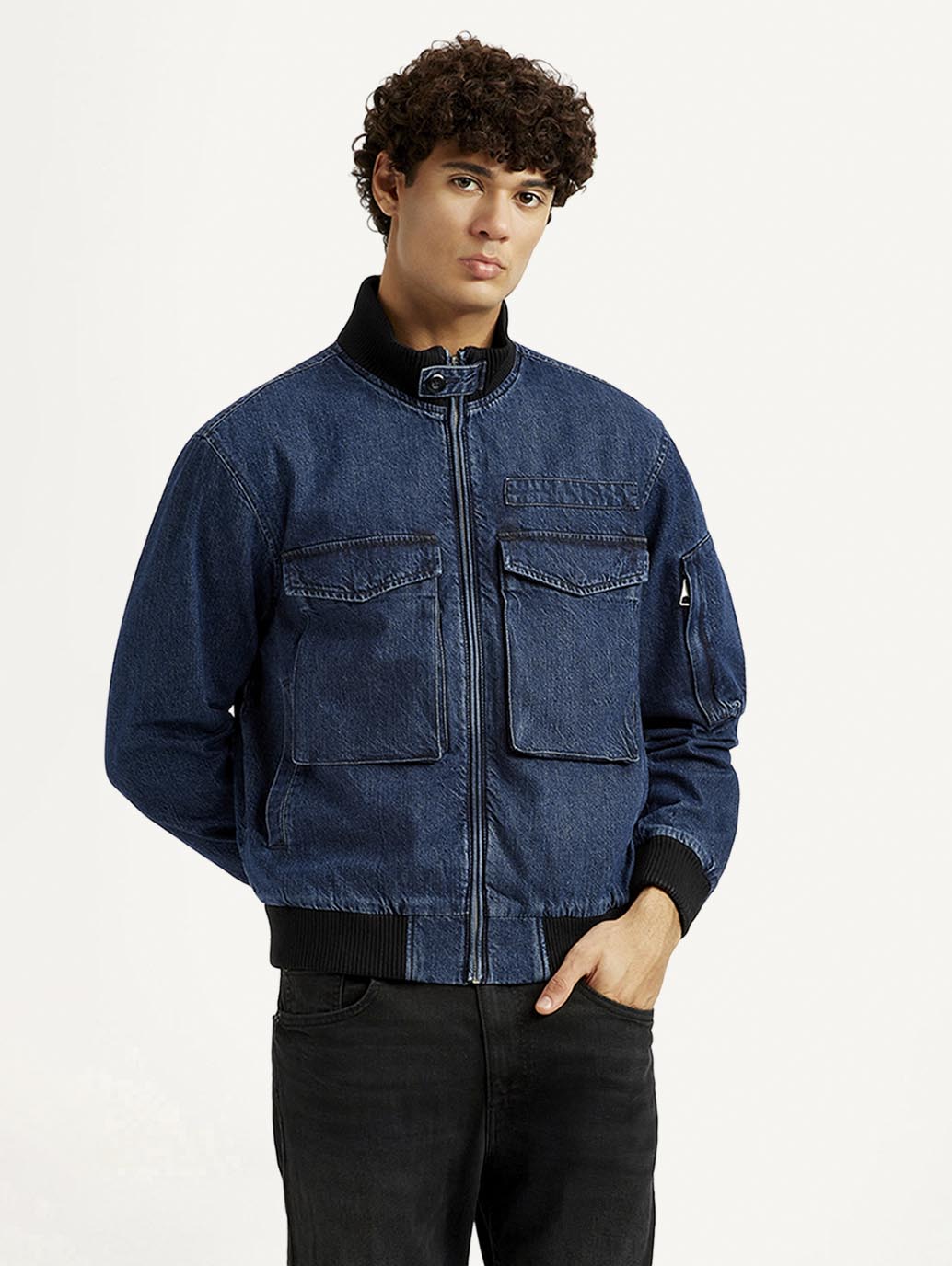 Men's Colorblock Dark Blue Denim Jacket - Front View