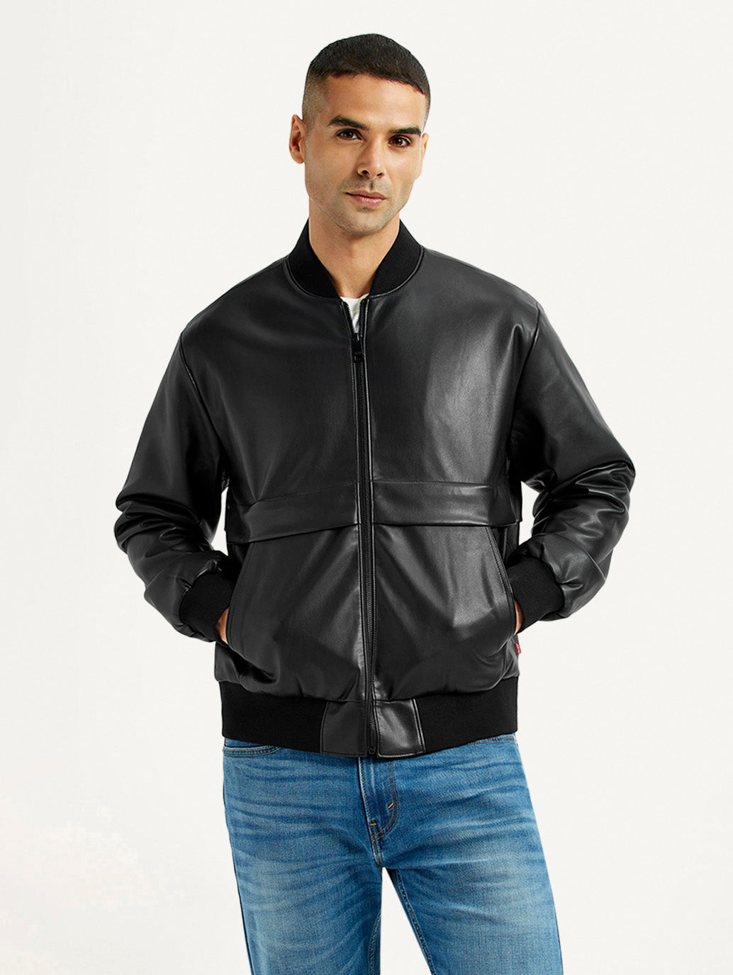 Men's Solid Black Bomber Jacket - Front View