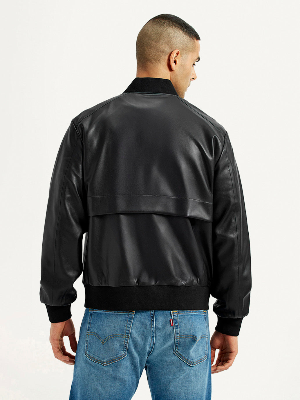 Men's Solid Black Bomber Jacket - Back View