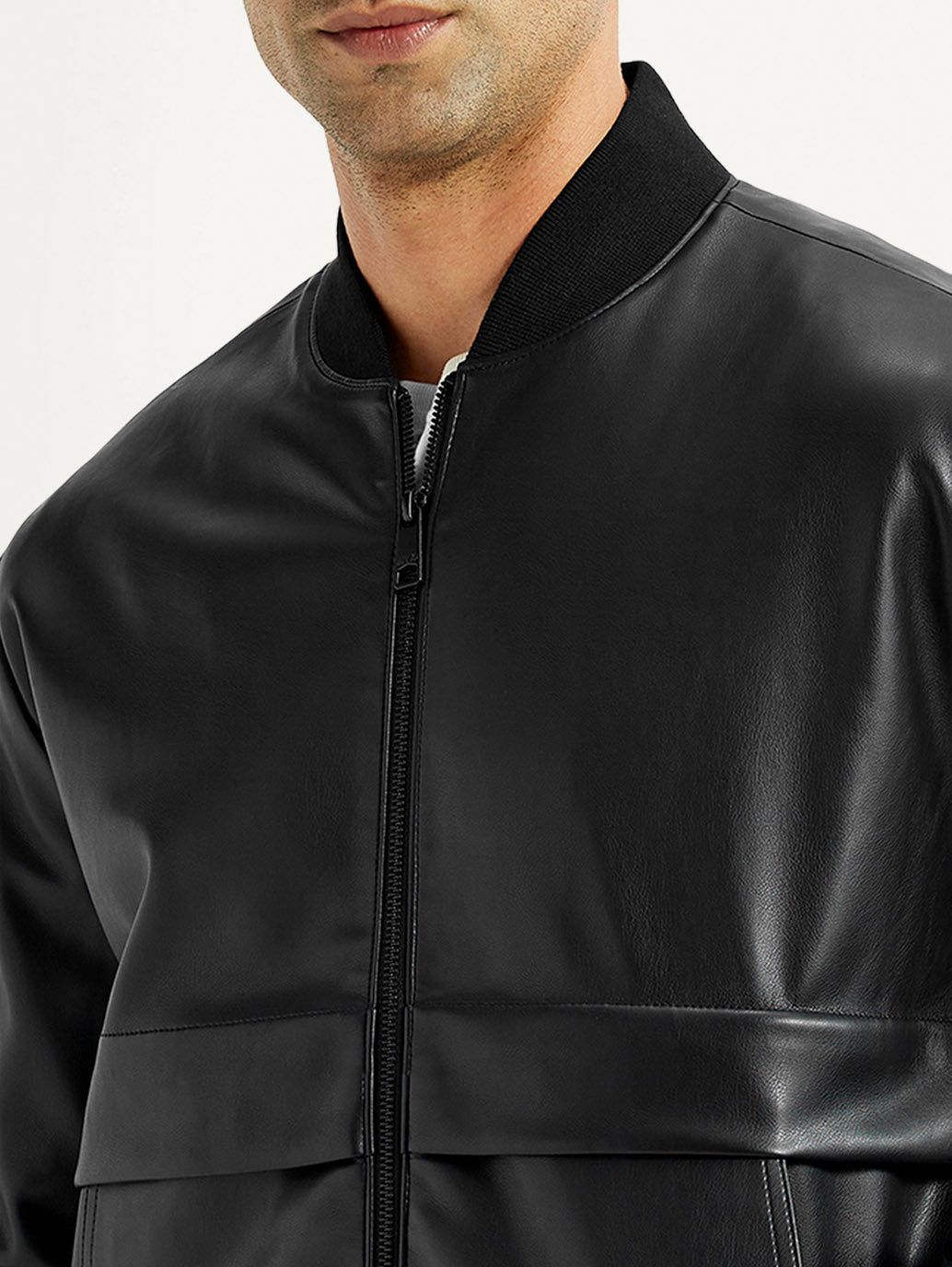 Men's Solid Black Bomber Jacket - Detail View