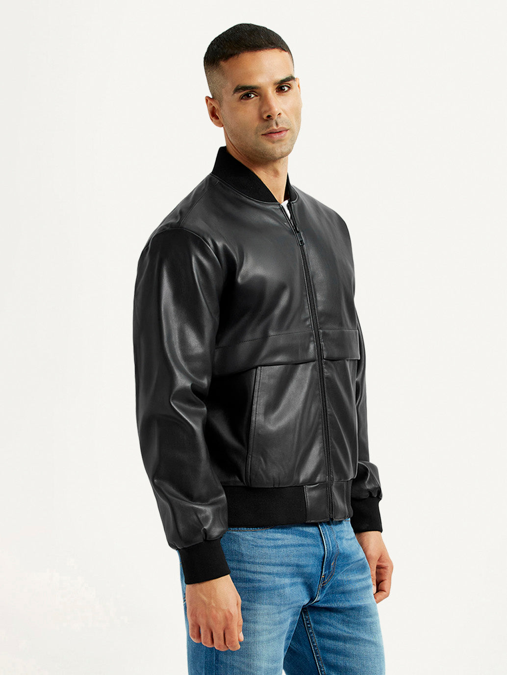 Men's Solid Black Bomber Jacket - Side View